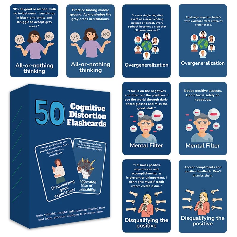 1pcs Adult Mental Self-Help Resource Cards 50 Sheets Cognitive Thinking Error Adjustment Flashcards Cartoon Visual Aids Emotional Balance Mindfulness Practice Cards Paper Storage Box For Personal Daily Reflection