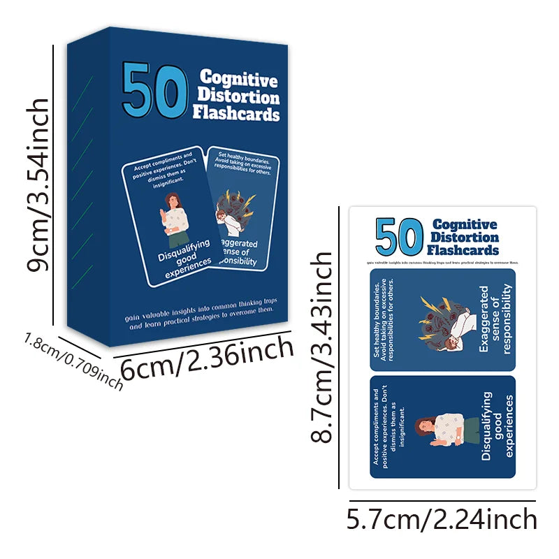 1pcs Adult Mental Self-Help Resource Cards 50 Sheets Cognitive Thinking Error Adjustment Flashcards Cartoon Visual Aids Emotional Balance Mindfulness Practice Cards Paper Storage Box For Personal Daily Reflection